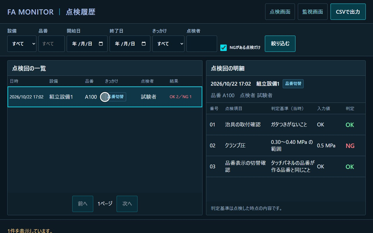 点検履歴の画面。NG がある点検だけに絞り込み、明細を表示している